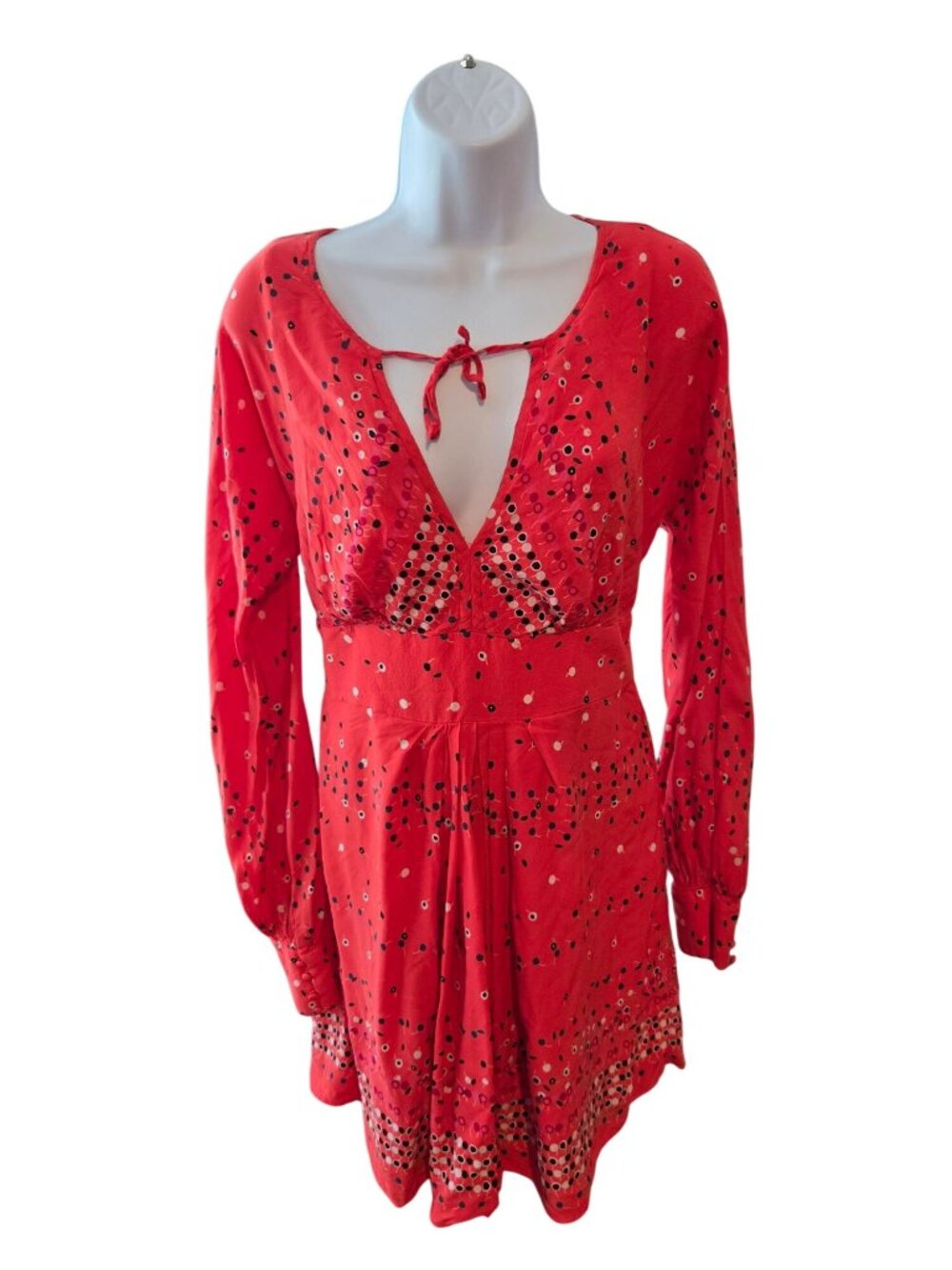 Free People Coryn Dress Coral Orange Open Back Long Sleeve Boho Mini Size 4